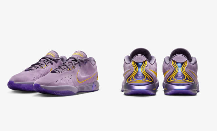 Side view of LeBron James' purple and gold Nike sneakers.